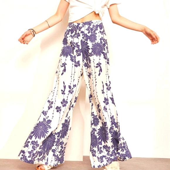 Free People Pants - Free People Sundae Blue Floral Print Wide Leg Pants